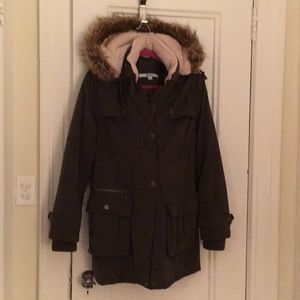 Army green DKNY winter coat with fur hood